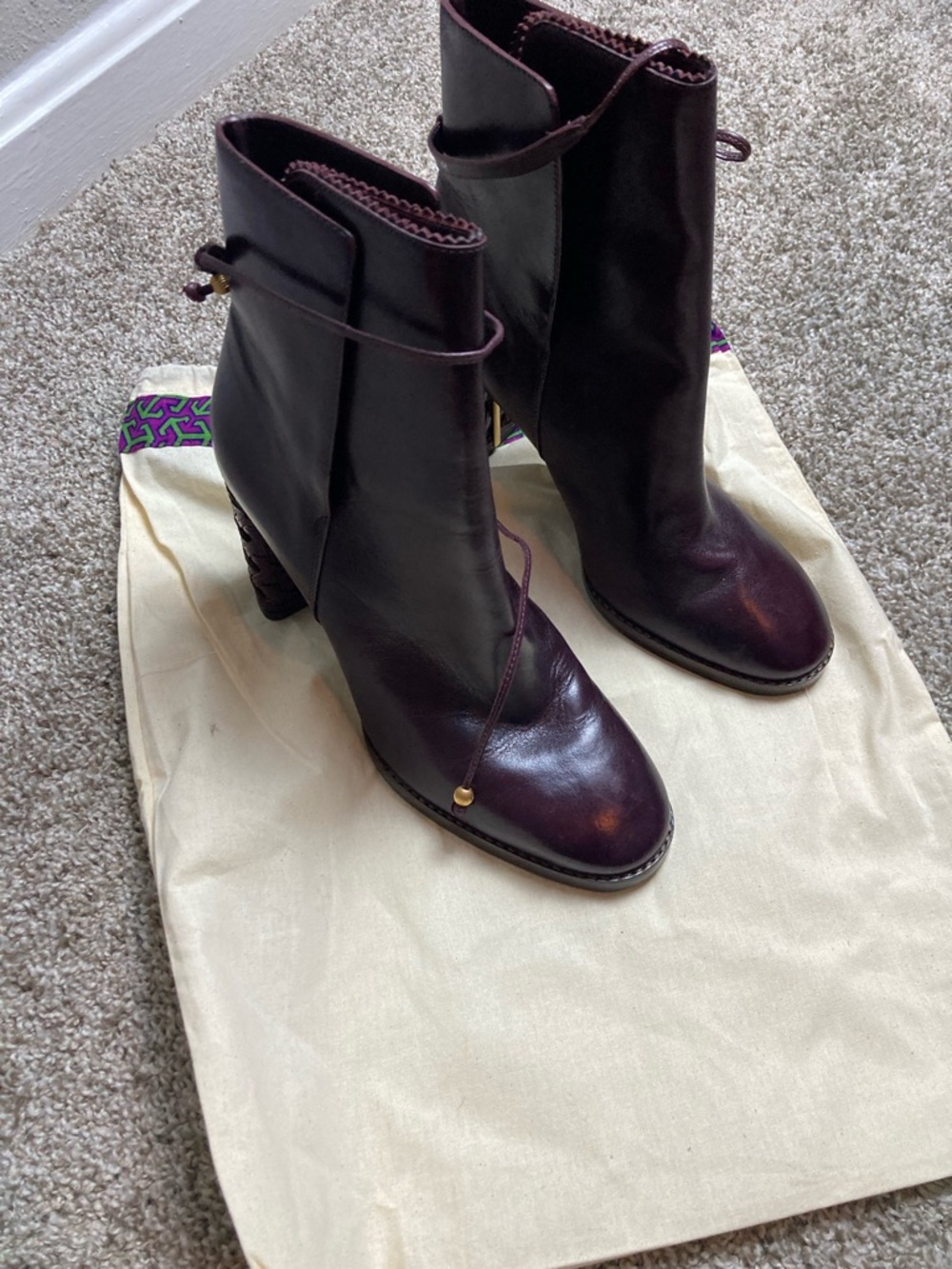 Tory Burch Basketweave Burgundy Leather Ankle Boots with Wrap Tie